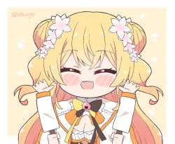 Rule 34 | 1girl, blonde hair, chibi, commentary, double bun, closed eyes, flower, hair bun, hair flower, hair ornament, hololive, jacket, kukie-nyan, long hair, momosuzu nene, open mouth, props, solo, two side up, virtual youtuber