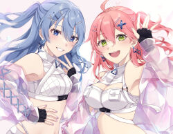 2girls ahoge alternate_costume armpits black_gloves blue_eyes blue_hair blush breasts cleavage cleavage_cutout clothing_cutout collared_shirt crop_top earrings fingerless_gloves gloves green_eyes grin hair_ornament hairclip hand_on_own_hip hand_up highres hololive hoshimachi_suisei jacket jewelry large_breasts matching_outfits multicolored_clothes multicolored_jacket multicolored_nails multiple_girls nya_inuha palms pink_hair purple_nails sakura_miko see-through_clothes see-through_jacket shirt small_breasts smile star_(symbol) star_in_eye sugar_rush_(hololive) symbol_in_eye v virtual_youtuber white_shirt x_hair_ornament