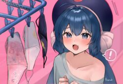 Rule 34 | !, 1girl, ahoge, artist name, bare shoulders, blue eyes, blue hair, blue hat, blush, casual, clothes pin, collarbone, drying, drying clothes, eel hat, fang, flat chest, grey shirt, hands up, hat, highres, laundry, long hair, long sleeves, looking at viewer, mask, mouth mask, off shoulder, open mouth, otomachi una, pink background, shirt, sidelocks, skin fang, solo, spoken exclamation mark, t-shirt, tananuki, tearing up, twintails, upper body, vocaloid
