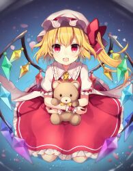 Rule 34 | 1girl, absurdres, blonde hair, blush, fang, flandre scarlet, hat, highres, holding, holding stuffed toy, looking at viewer, mob cap, open mouth, puffy short sleeves, puffy sleeves, red eyes, ruhika, seiza, short hair, short ponytail, short sleeves, side ponytail, sitting, smile, solo, stuffed animal, stuffed toy, teddy bear, touhou, wings