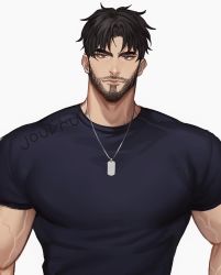 Rule 34 | 1boy, beard, belt, black hair, blue shirt, brown eyes, character request, closed mouth, commentary, commission, copyright request, dog tags, english commentary, facial hair, highres, jouvru, looking at viewer, male focus, manly, muscular, pectorals, shirt, short sleeves, simple background, solo, stubble, symbol-only commentary, t-shirt, upper body, veins