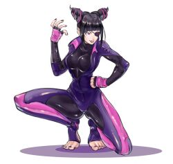 Rule 34 | 1girl, black bodysuit, black hair, black nails, bodysuit, breasts, closed mouth, eyepatch, fingerless gloves, full body, gloves, hair ornament, han juri, juaag acgy, large breasts, nail polish, pink eyes, simple background, smile, solo, street fighter, street fighter v, toeless bodysuit, toenail polish, toenails, toes, tongue, tongue out, white background