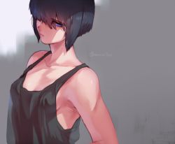 Rule 34 | 1girl, artist name, bad id, bad pixiv id, blue eyes, breasts, closed mouth, ghost in the shell, grey background, head tilt, katsuoboshi, kusanagi motoko, medium breasts, one eye covered, short hair, sleeveless, solo, tank top, text focus, toned, upper body