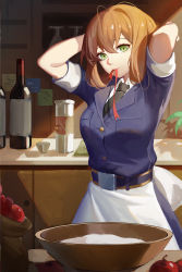 Rule 34 | 1girl, apple, apron, belt, black necktie, blazer, blue jacket, blue skirt, blush, bottle, bowl, breast pocket, breasts, brown hair, buckle, buttons, collared shirt, cup, food, fruit, girls&#039; frontline, green eyes, hair between eyes, hair ribbon, hair rings, highres, holding, holding own hair, indoors, jacket, jiaotache, kitchen, large breasts, long hair, long sleeves, looking at viewer, mouth hold, necktie, plant, pocket, ponytail, potted plant, ribbon, ribbon in mouth, sack, shirt, sidelocks, skirt, sleeves rolled up, smile, solo, springfield (girls&#039; frontline), tareme, tying hair, waist apron, white shirt