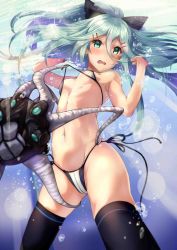 Rule 34 | 10s, 1girl, absurdres, aqua eyes, aqua hair, armadillo-tokage, assisted exposure, bad id, bad twitter id, bikini, bikini pull, black thighhighs, breasts, bubble, clothes pull, embarrassed, enemy naval mine (kancolle), hair between eyes, hair ornament, hair ribbon, hairclip, highres, kantai collection, long hair, looking at viewer, micro bikini, navel, open mouth, ribbon, skindentation, small breasts, solo, string bikini, striped bikini, striped clothes, swimsuit, tentacles, thighhighs, underwater, white bikini, yamakaze (kancolle)
