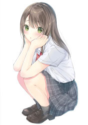 Rule 34 | 1girl, :o, absurdres, black socks, blush, brown footwear, brown hair, collared shirt, commentary request, full body, green eyes, grey skirt, hair between eyes, hands on own face, highres, long hair, looking at viewer, original, parted lips, plaid, plaid skirt, pleated skirt, red neckwear, school uniform, shirt, short sleeves, simple background, skirt, socks, solo, squatting, ueno tomo, white background, white shirt