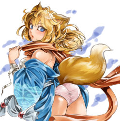 Rule 34 | 1girl, animal ears, ass, blonde hair, blue eyes, blush, breasts, cat ears, character request, clothes lift, crime crackers, hair between eyes, japanese clothes, kamidou arashi, kimono, kimono lift, long hair, off shoulder, open mouth, panties, ponytail, scarf, solo, tail, underwear, white background