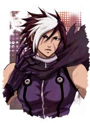 Rule 34 | 1boy, bare arms, bare shoulders, black hair, cloak, facial scar, gloves, highres, looking at viewer, male focus, metal gloves, multicolored hair, nameless (kof), sasaya, scar, scar on cheek, scar on face, sleeveless, snk, solo, solo focus, the king of fighters, the king of fighters 2002, toned
