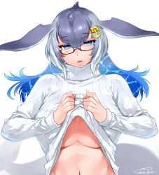 Rule 34 | 10s, 1girl, anchor hair ornament, black-framed eyewear, blue eyes, blue hair, blue whale (kemono friends), breasts, clothes lift, dated, fins, glasses, grey hair, hair between eyes, hair ornament, happa (cloverppd), kemono friends, large breasts, lifting own clothes, liquid hair, long hair, long sleeves, multicolored hair, navel, no bra, parted lips, round eyewear, semi-rimless eyewear, signature, solo, sweater, sweater lift, turtleneck, turtleneck sweater, under-rim eyewear, underboob, upper body, white background, white sweater