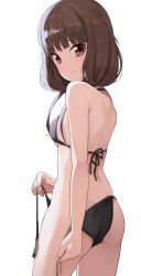 Rule 34 | 1girl, ass, bare back, bare shoulders, bikini, black bikini, breasts, brown eyes, brown hair, closed mouth, clothes pull, highres, hiroki (yyqw7151), iino miko, kaguya-sama wa kokurasetai ~tensai-tachi no renai zunousen~, long hair, looking at viewer, loose clothes, one-piece swimsuit pull, sideboob, simple background, small breasts, solo, swimsuit, thighs, underboob, undressing, white background