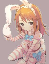 Rule 34 | 1girl, animal ears, animal hands, arm warmers, blue bow, blush, bow, brown eyes, chobota, choker, collarbone, detached sleeves, fake animal ears, fake tail, foreshortening, from above, gloves, grey background, hand on own ear, highres, idolmaster, idolmaster cinderella girls, kneeling, long hair, looking at viewer, looking up, midriff, orange hair, outline, paw gloves, paw shoes, pom pom (clothes), pout, puffy short sleeves, puffy sleeves, rabbit ears, rabbit tail, short shorts, short sleeves, shorts, simple background, solo, striped arm warmers, striped clothes, striped thighhighs, swept bangs, tail, thighhighs, white choker, yuuki haru
