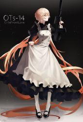 Rule 34 | 1girl, absurdly long hair, absurdres, alternate costume, apron, assault rifle, black dress, black footwear, blonde hair, braid, bullpup, dark background, dress, frills, full body, girls&#039; frontline, gradient background, gun, high heels, highres, long hair, maid, maid apron, nail polish, orange eyes, ots-14 (girls&#039; frontline), ots-14 groza, puffy sleeves, red nails, rifle, saturndxy, simple background, suppressor, thighhighs, title, very long hair, weapon, white thighhighs
