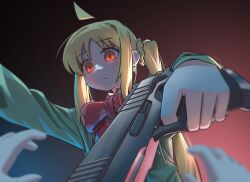 Rule 34 | 1girl, 1other, ahoge, blonde hair, bocchi the rock!, bow, braid, closed mouth, detached ahoge, green sweater, gun, handgun, highres, holding, holding gun, holding weapon, ijichi nijika, long hair, myjet, orange eyes, red bow, side ponytail, solo focus, sweater, weapon