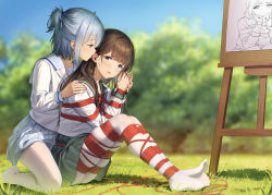Rule 34 | 2girls, bdsm, blue hair, blue sky, blurry, blurry background, blush, bondage, bound, bound arms, bound legs, brown eyes, brown hair, commentary, day, depth of field, dorsiflexion, drawing, ear licking, easel, femdom, flower, from side, full body, grass, green sailor collar, green skirt, half updo, hand on another&#039;s shoulder, haneru, haori haruki, himino seika, himitsu no jugyou, legs together, licking, long hair, long sleeves, looking at another, medium hair, multiple girls, no shoes, original, outdoors, pantyhose, parted lips, pencil, pleated skirt, red flower, red rope, rope, sailor collar, school uniform, serafuku, shibari, shibari over clothes, signature, sitting, skindentation, skirt, sky, trembling, wavy mouth, white flower, white pantyhose, yellow eyes, yellow flower, yuri