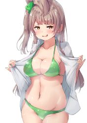 Rule 34 | 1girl, absurdres, bikini, blush, breasts, brown hair, cleavage, collarbone, collared shirt, commentary request, cowboy shot, embarrassed, forced smile, green bikini, hair ribbon, highres, long hair, looking at viewer, love live!, minami kotori, navel, open clothes, open shirt, ribbon, shinonon (iso shino), shirt, side ponytail, simple background, solo, standing, stomach, swimsuit, white background, white shirt, yellow eyes