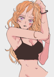 Rule 34 | 1girl, armpits, black shirt, black top, blouse, blush, breasts, camisole, cleavage, contrapposto, crop top, cropped torso, expressionless, grey background, head tilt, highres, long hair, looking at viewer, medium breasts, midriff, muted color, nami (one piece), narrow waist, navel, one piece, orange hair, parted lips, pink eyes, shirt, solo, tareme, upper body, white background, wristband