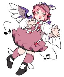 Rule 34 | 1girl, animal ears, beamed eighth notes, bird ears, bird wings, black footwear, blush, brown dress, brown hat, brown socks, closed eyes, dress, eighth note, frilled dress, frilled sleeves, frills, full body, hat, highres, ini (inunabe00), long sleeves, musical note, mystia lorelei, open mouth, pink hair, shoes, short hair, simple background, smile, socks, solo, touhou, white background, white wings, winged footwear, winged hat, wings