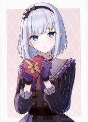 Rule 34 | 1girl, blue eyes, blush, border, bow, bowtie, box, candle no kaori wa omoide to tomo ni (project sekai), chocolate, closed mouth, commentary request, food, frilled shirt collar, frills, gloves, headband, heart-shaped box, highres, holding, holding chocolate, holding food, long sleeves, medium hair, miton (1521084393405571072), official alternate hair length, official alternate hairstyle, project sekai, purple gloves, ribbon, solo, upper body, white border, white hair, yellow ribbon, yoisaki kanade