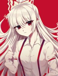 Rule 34 | 1girl, armband, bow, breasts, closed mouth, collared shirt, fujiwara no mokou, hair between eyes, hair bow, highres, kitty, long hair, long sleeves, looking at viewer, medium breasts, pointing, pointing at viewer, red armband, red background, red eyes, shirt, simple background, solo, suspenders, touhou, upper body, white hair, white shirt