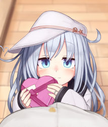Rule 34 | 1boy, 1girl, admiral (kancolle), ahoge, bad id, bad pixiv id, black sailor collar, blurry, blush, box, commentary, covered mouth, depth of field, eyes visible through hair, flat cap, from above, gift, gift box, hammer and sickle, hat, heart, heart-shaped box, heart ahoge, hibiki (kancolle), highres, holding, holding box, holding gift, jewelry, kantai collection, long hair, looking at viewer, looking up, pavement, pov, reitou mikan, ring, sailor collar, school uniform, serafuku, sideways hat, silver hair, sleeves past wrists, solo focus, star (symbol), valentine, verniy (kancolle), wedding band, white hat