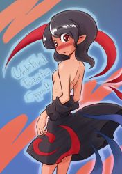 Rule 34 | 1girl, black hair, blush, breasts, female focus, highres, houjuu nue, nipples, no nose, open mouth, pointy ears, red eyes, short hair, small breasts, solo, sonson (eleven), topless, touhou, undressing, wings