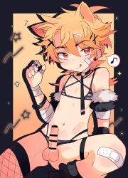 Rule 34 | 1boy, absurdres, animal ears, bandages, bikini, black choker, blonde hair, cat ears, choker, earrings, erection, fangs, fishnets, fur trim, highres, indie virtual youtuber, jewelry, kainen, male focus, mole, navel, penis, red eyes, sesami sesasesa, solo, stomach, striped bikini, striped clothes, swimsuit, tongue, tongue out, trap, virtual youtuber