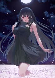 Rule 34 | 1girl, :d, ao no kanata no four rhythm, bare arms, black dress, black hair, breasts, dress, field, floating hair, flower, flower field, highres, holding, holding flower, large breasts, long hair, looking at viewer, moon, night, night sky, open mouth, outdoors, petals, red eyes, sky, sleeveless, sleeveless dress, smile, solo, tobisawa misaki, very long hair, walking, white flower, yappe