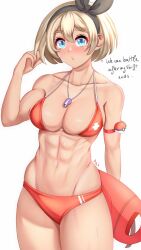 Rule 34 | 1girl, abs, anger vein, anisdrawn, bea (pokemon), bikini, blonde hair, blue eyes, blush, breasts, commentary, cowboy shot, creatures (company), double-parted bangs, english commentary, english text, game freak, hair between eyes, hairband, hand up, highres, lifeguard, looking at viewer, navel, nintendo, nose blush, parted lips, playing with own hair, pokemon, pokemon swsh, red bikini, short hair, simple background, skindentation, solo, stomach, sweat, swimsuit, tan, toned, veins, veiny arms, whistle, whistle around neck