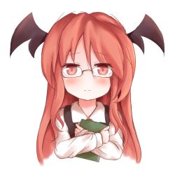 Rule 34 | 1girl, bat wings, bespectacled, blush, book, dress shirt, female focus, glasses, head wings, hugging object, koakuma, long hair, necktie, red eyes, red hair, shirt, shize (coletti), simple background, smile, solo, touhou, upper body, white background, wings