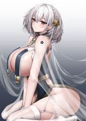 Rule 34 | 1girl, absurdres, azur lane, bare shoulders, blush, braid, breast curtains, breasts, commentary request, from side, gradient background, grey hair, hair between eyes, hair ornament, highres, huge breasts, looking at viewer, looking to the side, official alternate costume, parted lips, red eyes, see-through, short hair, sideboob, simple background, sirius (azur lane), sirius (azure horizons) (azur lane), solo, thighhighs, thighs, ueyama 0clock, white thighhighs
