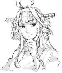Rule 34 | 1girl, ahoge, bare shoulders, blunt bangs, breasts, closed mouth, cropped torso, detached sleeves, double bun, greyscale, hair bun, hairband, hand on own chin, headgear, japanese clothes, kantai collection, kimono, kongou (kancolle), kongou kai ni (kancolle), long hair, looking at viewer, monochrome, nontraditional miko, sidelocks, simple background, sketch, smile, solo, upper body, white background, yamada rei (rou)