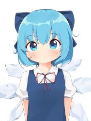 Rule 34 | 1girl, absurdres, blue bow, blue dress, blue eyes, blue hair, bow, cirno, detached wings, dress, farrel kb, hair bow, highres, ice, ice wings, looking at viewer, neck ribbon, red ribbon, ribbon, shirt, short hair, short sleeves, simple background, solo, touhou, upper body, white background, white shirt, wings