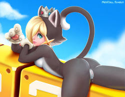 Rule 34 | 1girl, ;), animal costume, animal ears, animal hands, anus, ass, blonde hair, blue eyes, breasts, cat costume, cat ears, cat tail, cleft of venus, crown, earrings, gloves, hair over one eye, jewelry, lips, looking back, lying, mario (series), neocoill, nintendo, nose, on stomach, one eye closed, paw gloves, pussy, pussy juice, rosalina, short hair, smile, solo, super mario 3d world, super mario bros. 1, super mario galaxy, tail, uncensored, watermark, web address, wink