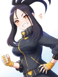 Rule 34 | 1girl, black hair, black jacket, black pants, blush, breasts, bright pupils, clenched hand, commentary request, creatures (company), cross scar, dendra (pokemon), fingerless gloves, game freak, gloves, grin, hand on own hip, highres, jacket, large breasts, looking at viewer, nintendo, notice lines, orange eyes, pants, pokemon, pokemon sv, roozin, scar, scar on face, scar on forehead, smile, solo, teeth, white pupils, yellow gloves, zipper pull tab