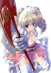 Rule 34 | 1girl, absurdres, animal ears, axe, blonde hair, blue eyes, boots, breasts, drill hair, gloves, hair between eyes, highres, holding, holding weapon, iron princess ymir, knee boots, komatsu eiji, long hair, looking at viewer, panties, panties around leg, pink skirt, pointy ears, qhiny qkin, queen&#039;s blade, shiny skin, shirt, side-tie panties, skirt, small breasts, solo, thighhighs, torn clothes, torn shirt, torn skirt, torn thighhighs, twin drill, twin drills, underwear, untied panties, weapon, white gloves, white panties, white shirt, white thighhighs, ymir, ymir (queen&#039;s blade), ymir (queen's blade)