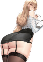 Rule 34 | 1girl, absurdres, alternate costume, ass, ass focus, azur lane, black thighhighs, blonde hair, breasts, clipboard, eyebrows hidden by hair, garter straps, glasses, hair between eyes, highres, holding, holding clipboard, implacable (azur lane), implacable (shepherd of the &quot;lost&quot;) (azur lane), large breasts, long hair, looking at viewer, looking back, off-shoulder shirt, off shoulder, orange eyes, pencil skirt, ponytail, semi-rimless eyewear, shirt, shuiruoqing, side slit, simple background, skirt, thighhighs, thighs, white background