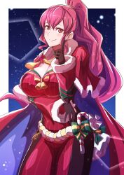 Rule 34 | 1girl, absurdres, alternate breast size, alternate costume, anna (fire emblem), bag, bell, blue cape, blush, breasts, brown gloves, candy, candy cane, cape, capelet, christmas, cleavage, coin, commentary, cosplay, finger to cheek, fire emblem, fire emblem: three houses, fire emblem engage, fire emblem heroes, food, fur-trimmed capelet, fur trim, gloves, high ponytail, highres, large breasts, long sleeves, looking at viewer, nintendo, pink eyes, pink hair, red cape, sidelocks, smile, solo, star (sky), star (symbol), starry background, to (tototo tk), two-tone cape, yunaka (fire emblem), yunaka (fire emblem) (cosplay), yunaka (fire emblem) (spirited envoy)