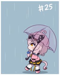 Rule 34 | 1girl, :o, animal ears, arknights, black hairband, blue bow, blush, bow, braid, cat ears, cat girl, cat tail, chibi, coat, goldenglow (arknights), hair bow, hairband, holding, holding umbrella, kurotofu, lightning bolt print, long hair, long sleeves, looking up, numbered, pink coat, pink hair, rain, side braid, simple background, solo, tail, umbrella, yellow eyes