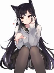 Rule 34 | 1girl, alternate costume, animal ears, atago (azur lane), atago (school traumerei) (azur lane), azur lane, black hair, black pantyhose, commentary request, heart, long hair, looking at viewer, mole, mole under eye, panties, panties under pantyhose, pantyhose, pantyshot, pleated skirt, pointing, pointing at viewer, ry thae, school uniform, serafuku, simple background, sitting, skirt, smile, solo, sweater, underwear, very long hair, white background, white panties, wolf ears, yellow eyes