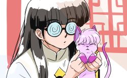 Rule 34 | 1boy, animal, black-framed eyewear, black hair, cat, coke-bottle glasses, glasses, holding, holding animal, holding cat, long hair, looking ahead, male focus, mousse (ranma 1/2), parted lips, ranma 1/2, round eyewear, shampoo (cat), shirt, upper body, wanta (futoshi), white shirt