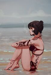 Rule 34 | 1girl, absurdres, aidenr0, ankle ribbon, anklet, arm tattoo, barefoot, beach, bikini, black eyes, black hair, breasts, cigarette, cloud, english text, freckles, from side, glasses, grey sky, hair bun, highres, hugging own legs, jewelry, knees up, leg ribbon, looking at viewer, medium breasts, mouth hold, ocean, original, outdoors, profile, red bikini, ribbon, short hair, sideways glance, single hair bun, sitting, sky, smoking, solo, swimsuit, tattoo, water