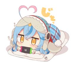 Rule 34 | 1girl, ahoge, beanie, blue hair, blue hat, blush, brown eyes, chibi, covered mouth, full body, futon, hair between eyes, hat, heart, heart ahoge, holding, hololive, long sleeves, looking at viewer, multicolored hair, muuran, nintendo switch, pillow, plaid, pointy ears, shadow, signature, solo, streaked hair, translation request, under covers, virtual youtuber, white background, yukihana lamy