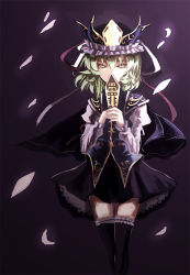 Rule 34 | 1girl, bad id, bad pixiv id, cherry blossoms, covering face, covering own mouth, covering privates, female focus, glaring, gradient background, green eyes, green hair, hat, matching hair/eyes, parody, parsley-f, petals, petticoat, rod of remorse, serious, shiki eiki, solo, standing, style parody, thighhighs, touhou, wind, zettai ryouiki