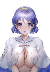 Rule 34 | 1girl, :o, absurdres, between breasts, blush, breasts, card, card between breasts, cloak, hairband, highres, large breasts, looking at viewer, naked cloak, open mouth, purple eyes, purple hair, rainbow gradient, short hair, simple background, solo, tabiji (tabiji s), tenkyuu chimata, touhou, upper body, v arms, white background, white cloak
