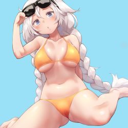 Rule 34 | 1girl, :o, arm behind back, bare arms, bare legs, bare shoulders, barefoot, bikini, blue background, blue eyes, braid, breasts, bright pupils, cleavage, collarbone, eyewear on head, hair between eyes, kizuna akari, large breasts, long hair, looking at viewer, mochi (mochi444420), navel, open mouth, orange bikini, silver hair, simple background, sitting, solo, sunglasses, swimsuit, thighs, twin braids, underboob, very long hair, vocaloid, voiceroid, white pupils