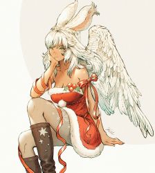 Rule 34 | 1girl, animal ears, arm at side, arm ribbon, arm support, bare shoulders, black footwear, black hair, boots, breasts, christmas, cleavage, colored tips, dark-skinned female, dark skin, dress, elbow on knee, feathered wings, feet out of frame, final fantasy, final fantasy xiv, fur-trimmed dress, fur trim, green eyes, grey eyes, grey pantyhose, hand on own cheek, hand on own face, head rest, highres, invisible chair, jewelry, knee boots, knee up, kuroimori, large breasts, long hair, looking at viewer, miqo&#039;te, multicolored hair, pantyhose, pom pom (clothes), print pantyhose, rabbit ears, rabbit girl, red dress, red ribbon, ribbon, santa dress, short dress, simple background, sitting, smile, snowflake print, solo, strapless, strapless dress, viera, warrior of light (ff14), white hair, white wings, wings