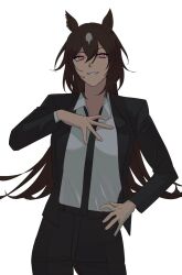 Rule 34 | 1girl, belt, black jacket, black necktie, black pants, breasts, brown hair, collared shirt, cowboy shot, formal, hand on own chest, highres, jacket, korean commentary, long hair, long sleeves, looking at viewer, necktie, open clothes, open jacket, open mouth, pant suit, pants, pink eyes, shirt, simple background, sirius symboli (umamusume), small breasts, smile, solo, suit, ukka (0ukka ), umamusume, white background, white shirt