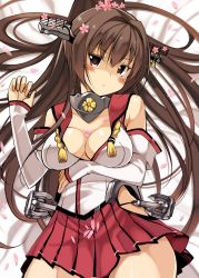 Rule 34 | 10s, 1girl, anchor, blush, breasts, brown eyes, brown hair, cherry blossoms, cleavage, collarbone, detached sleeves, flower, hair between eyes, hair flower, hair ornament, headgear, highres, hip vent, kantai collection, large breasts, long hair, looking at viewer, lying, matching hair/eyes, miniskirt, ohta yuichi, petals, pleated skirt, ponytail, skirt, solo, very long hair, yamato (kancolle)
