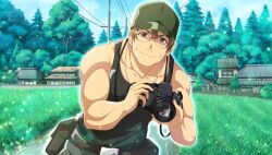 Rule 34 | 1boy, baseball cap, belt, biceps, black tank top, brown eyes, brown hair, camera, collarbone, day, dog tags, glasses, grass, hat, highres, higurashi no naku koro ni, higurashi no naku koro ni mei, hinamizawa, holding, holding camera, house, looking at viewer, male focus, muscular, muscular male, nature, official art, outdoors, pants, scenery, short hair, sky, sleeveless, smile, solo, sparkle, tank top, tomitake jirou, tree, triceps, village