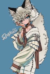Rule 34 | 1other, :&lt;, androgynous, animal ear fluff, animal ears, bell, blue background, blue eyes, cat ears, cat tail, english text, feet out of frame, hand on own cheek, hand on own face, highres, jewelry, long sleeves, looking at viewer, neck bell, neck ribbon, original, ribbon, ring, shima (wansyon144), short hair, shorts, sleeves past wrists, solo, tail, tail raised, white fur, white hair, white shorts, wrist cuffs, wrist ribbon